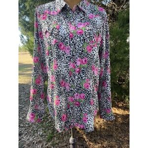Ariat Shirt Women Size XL Black/ White Pink Rose Pearl Snap Button